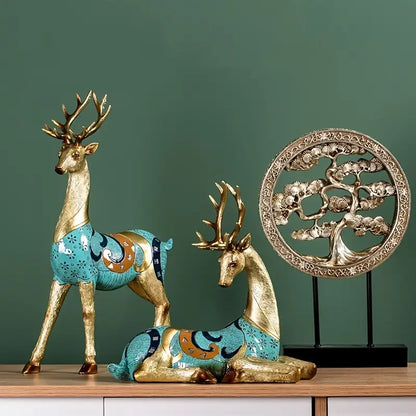 Set of 2 Elegant Golden Deer Home Art Statue Decor
