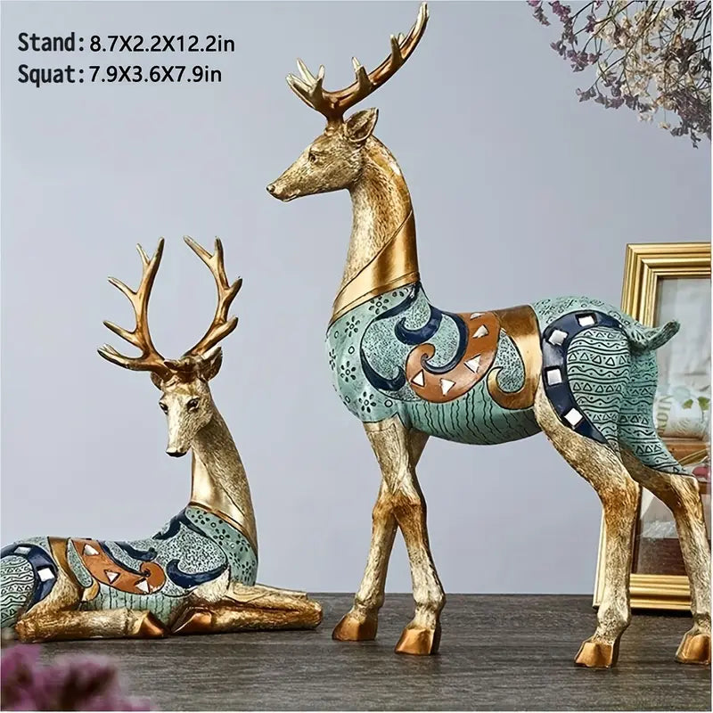 Set of 2 Elegant Golden Deer Home Art Statue Decor