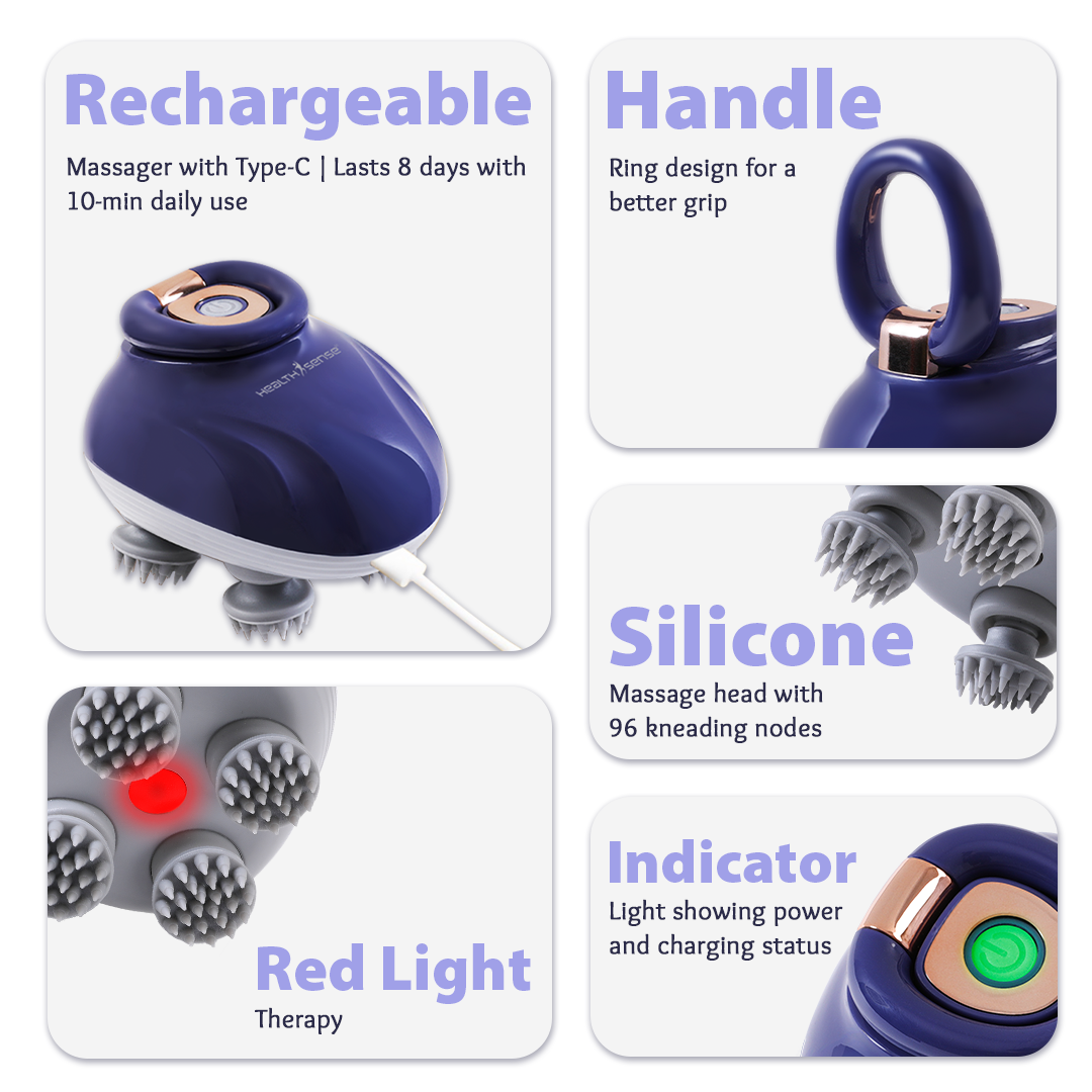 HM 240 HealthSense Rechargeable Scalp Massager with Red Light Therapy, 96 Acupressure Points, and 3 Speed Modes for Hair Growth & Relaxation