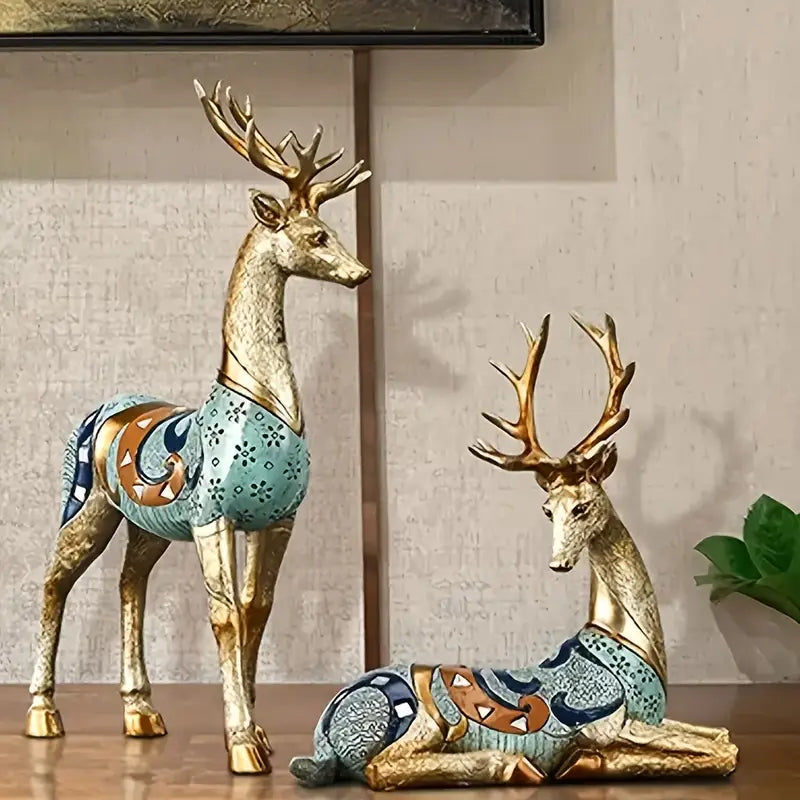 Set of 2 Elegant Golden Deer Home Art Statue Decor