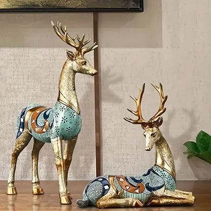 Set of 2 Elegant Golden Deer Home Art Statue Decor