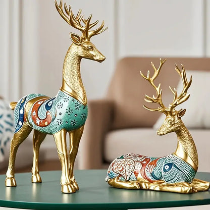 Set of 2 Elegant Golden Deer Home Art Statue Decor